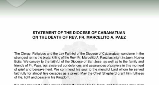 Statement of the Diocese of Cabanatuan on the death of Rev. Fr. Marcelito A. Paez