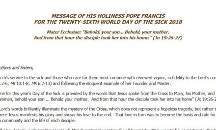 Message of Pope Francis for the 26th World Day of the Sick 2018