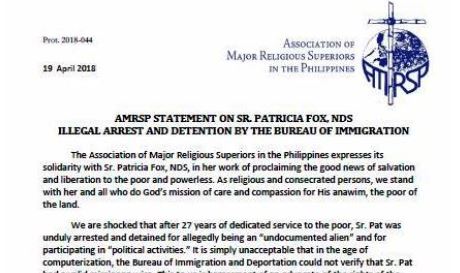 AMRSP statement on Sr. Patricia Fox, NDS illegal arrest and detention by the Bureau of Immigration