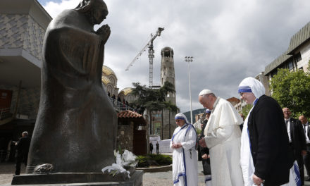 Pope draws lessons from Mother Teresa in city of her birth