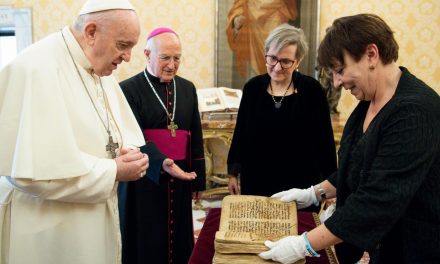 Pope Francis presented with historic prayer manuscript saved from Islamic State